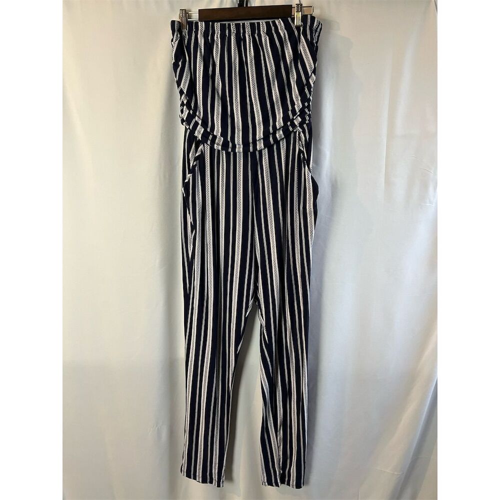 Women's Strapless Blue Stripe Jumpsuit M Wide Leg Pockets Boho Style
